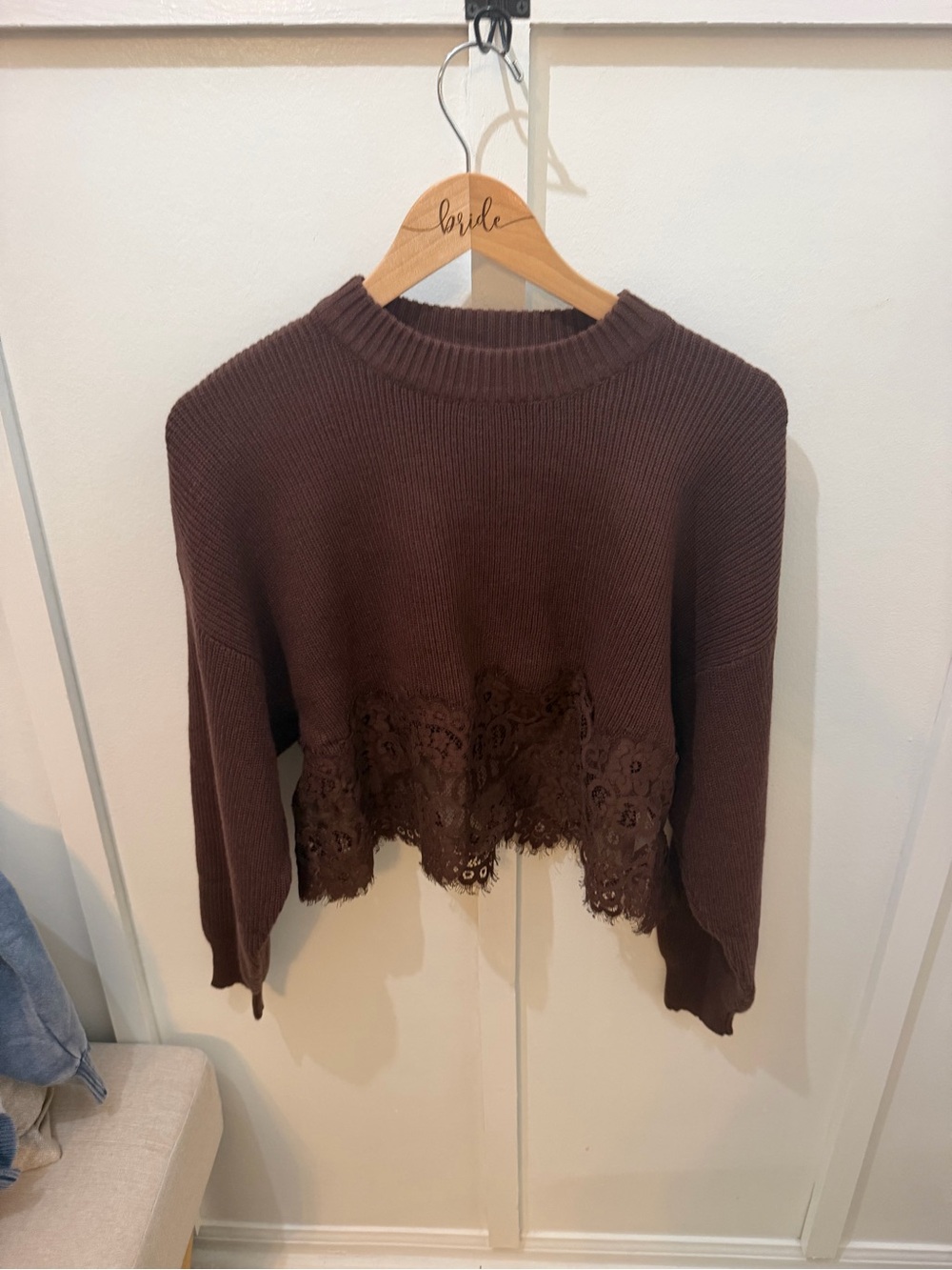 Brown Lace-Hem Crewneck Sweater - Women